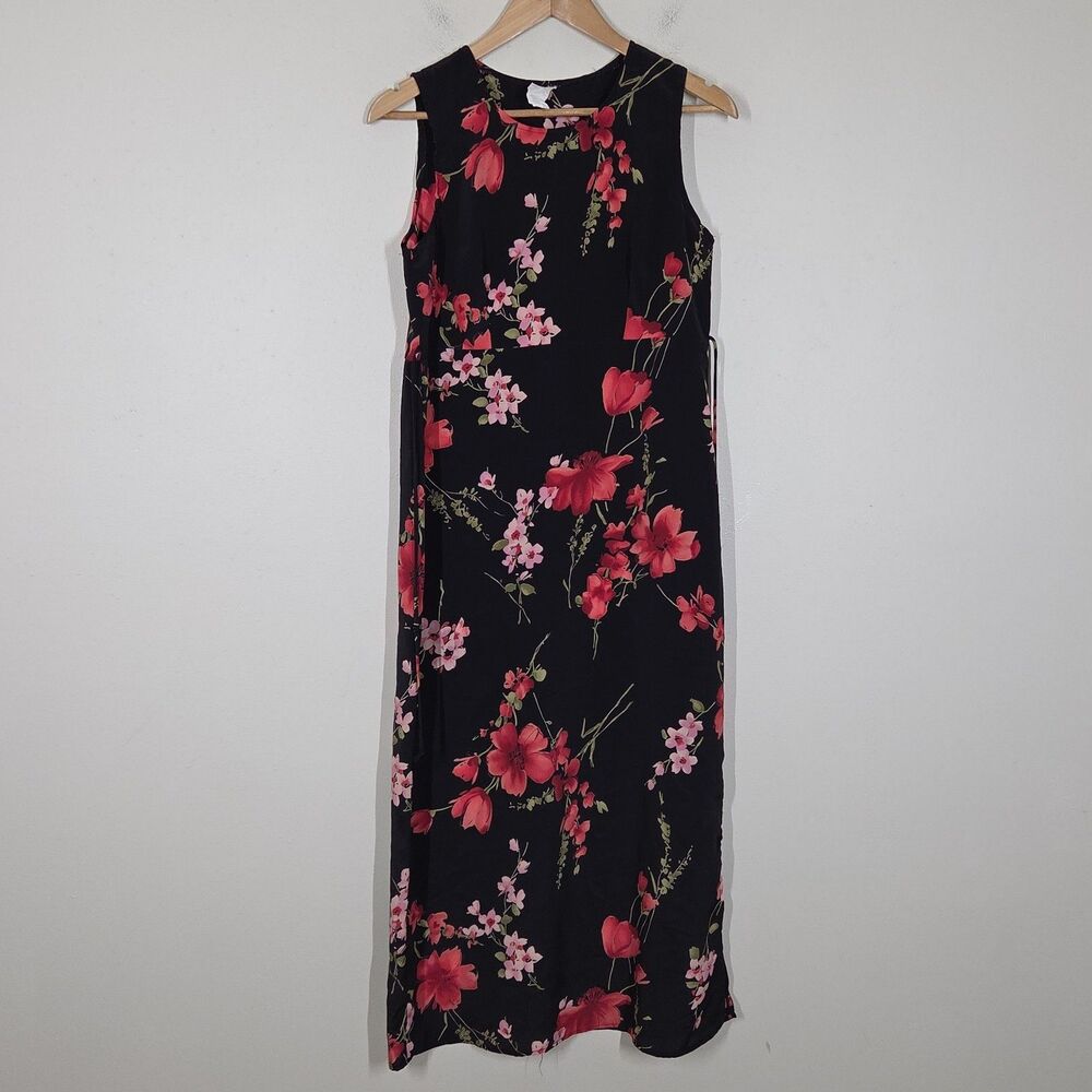 Vtg 90s Y2K Dark Floral Babydoll Empire Waist Midi Dress Slit Grunge Whimsigoth